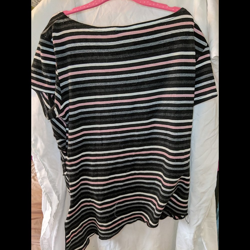 FIORLINI INTERNATIONAL Pink, white, grey, and black Striped Asymmetrical Blouse - Picture 9 of 9